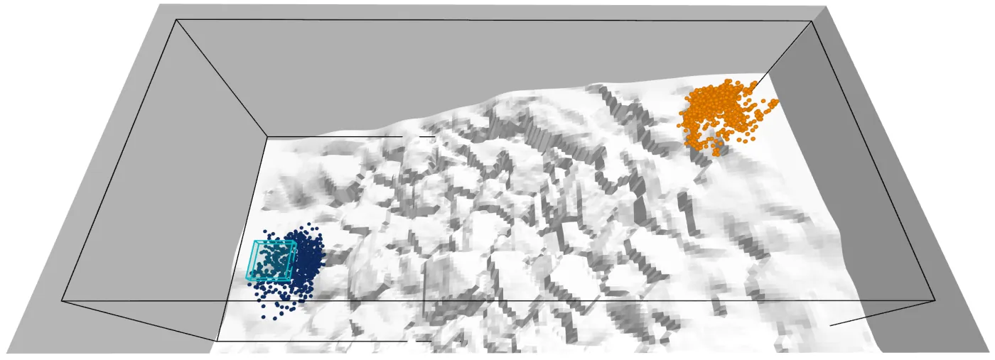 Rocky ascent at iteration 150: starts and goals clustered at their roots.