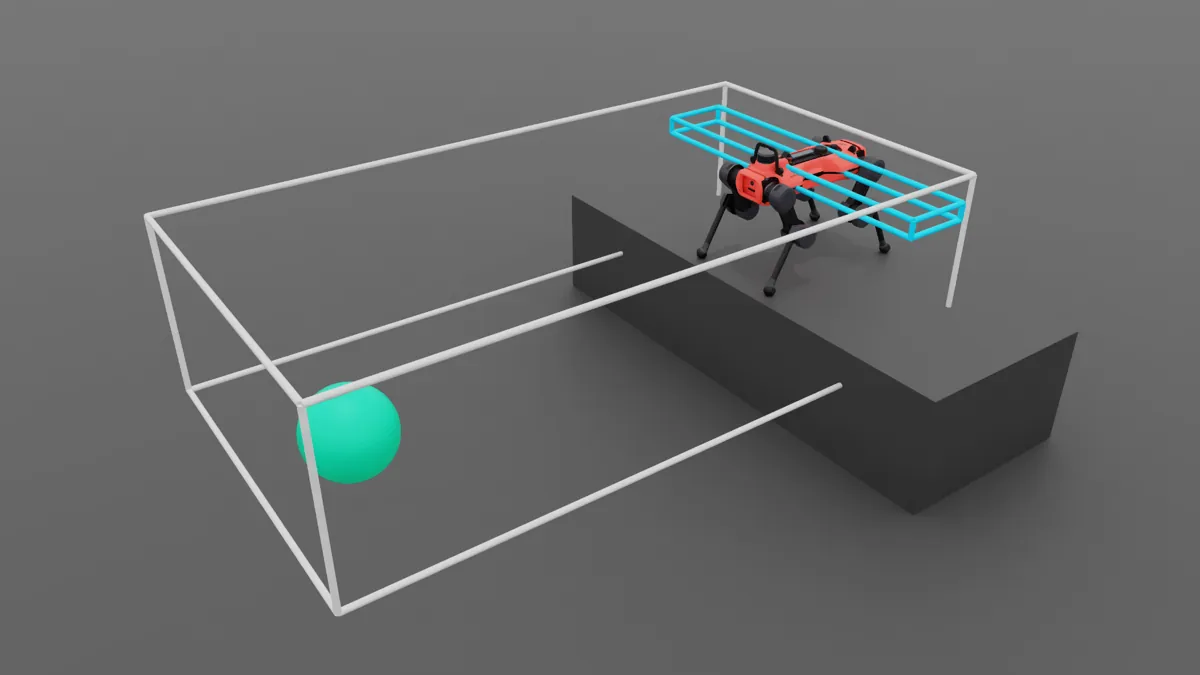 Quadruped on top of a box, goal on the ground