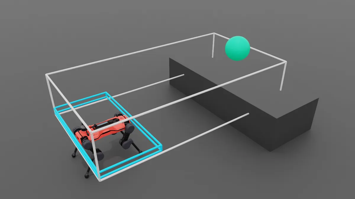 Quadruped on the ground in front of a box, goal on top
