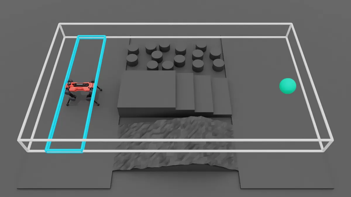 Terrain with pillars, stairs and a ramp leading to one goal