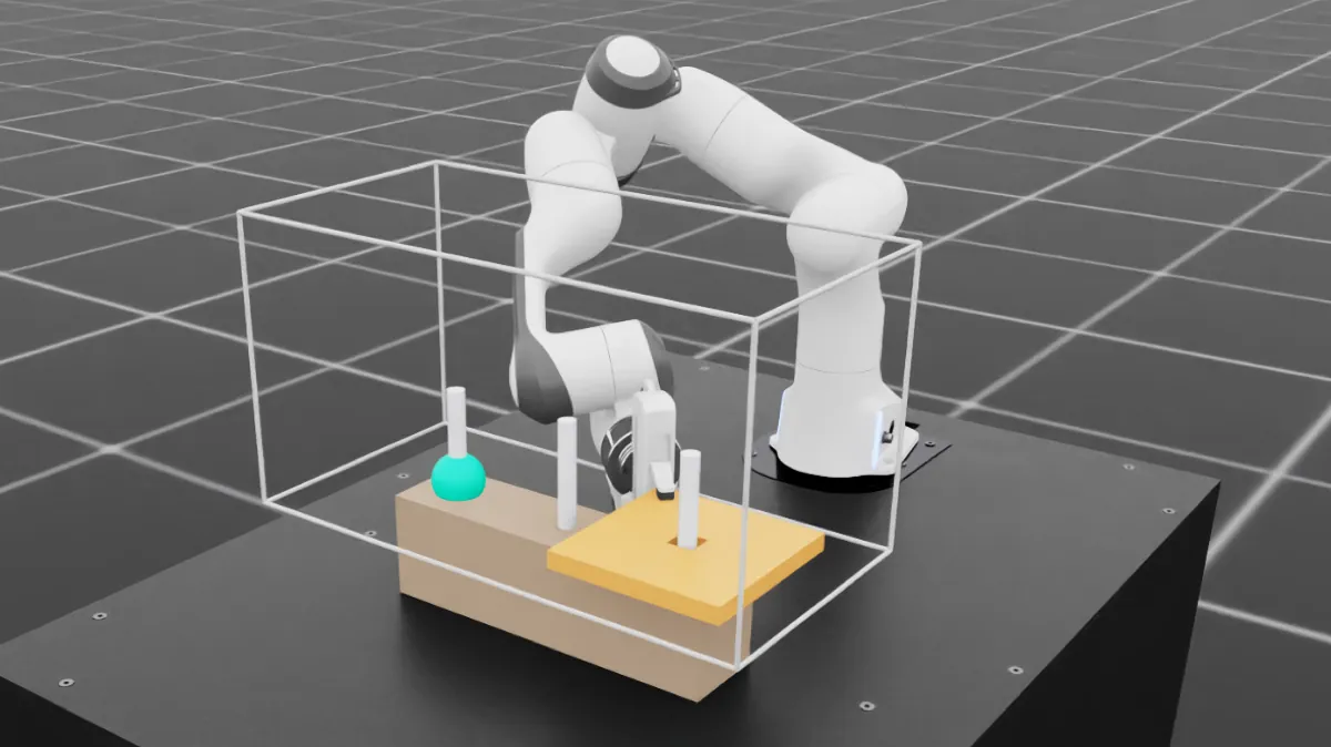 Robot arm holding a ring above two pegs
